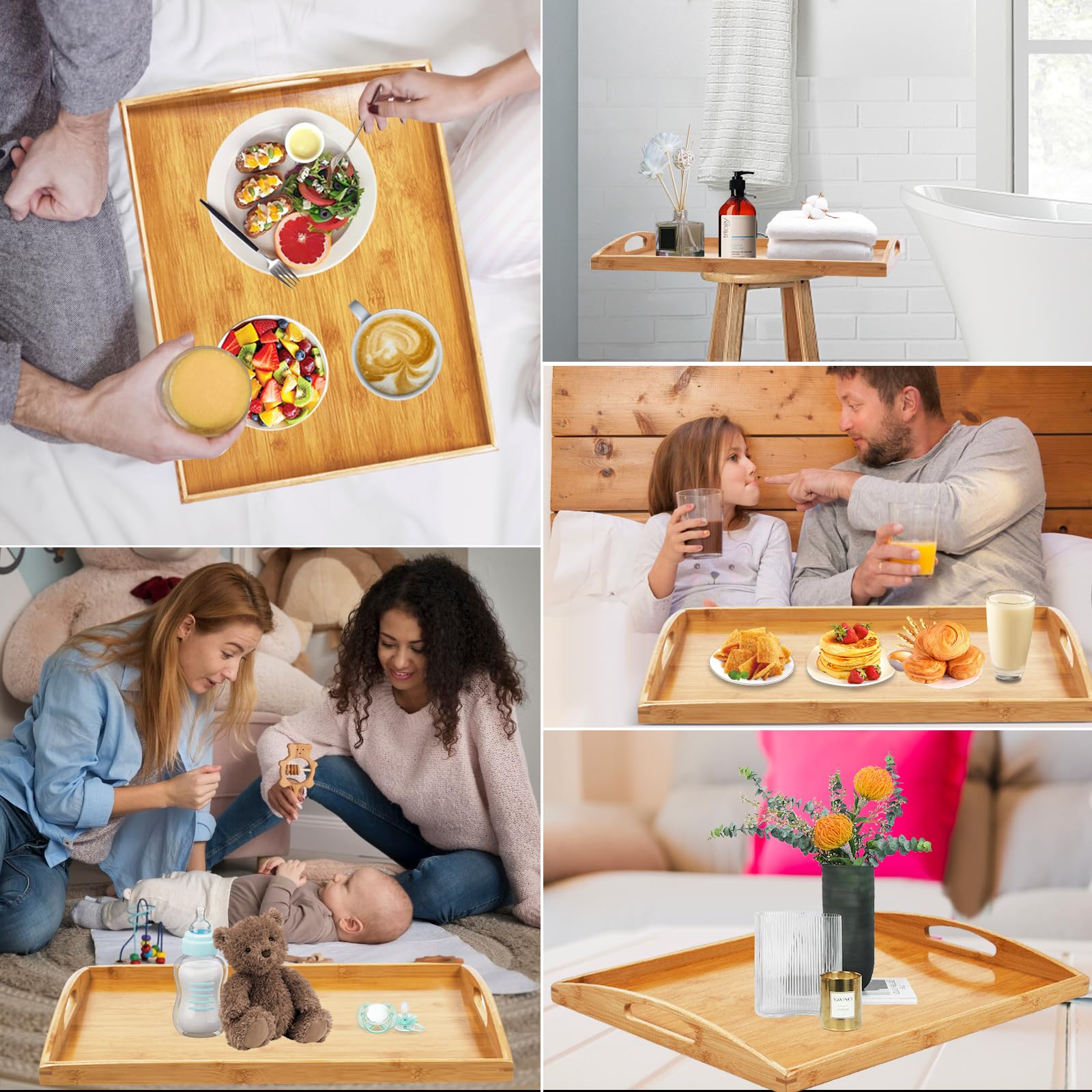 Bandeja de Bambú para Servir con Asas, Bandeja Madera Rectangular, Bandejas de Cocina para Desayuno, Comida, Té, Mesa de Café (50 × 40 CM)
