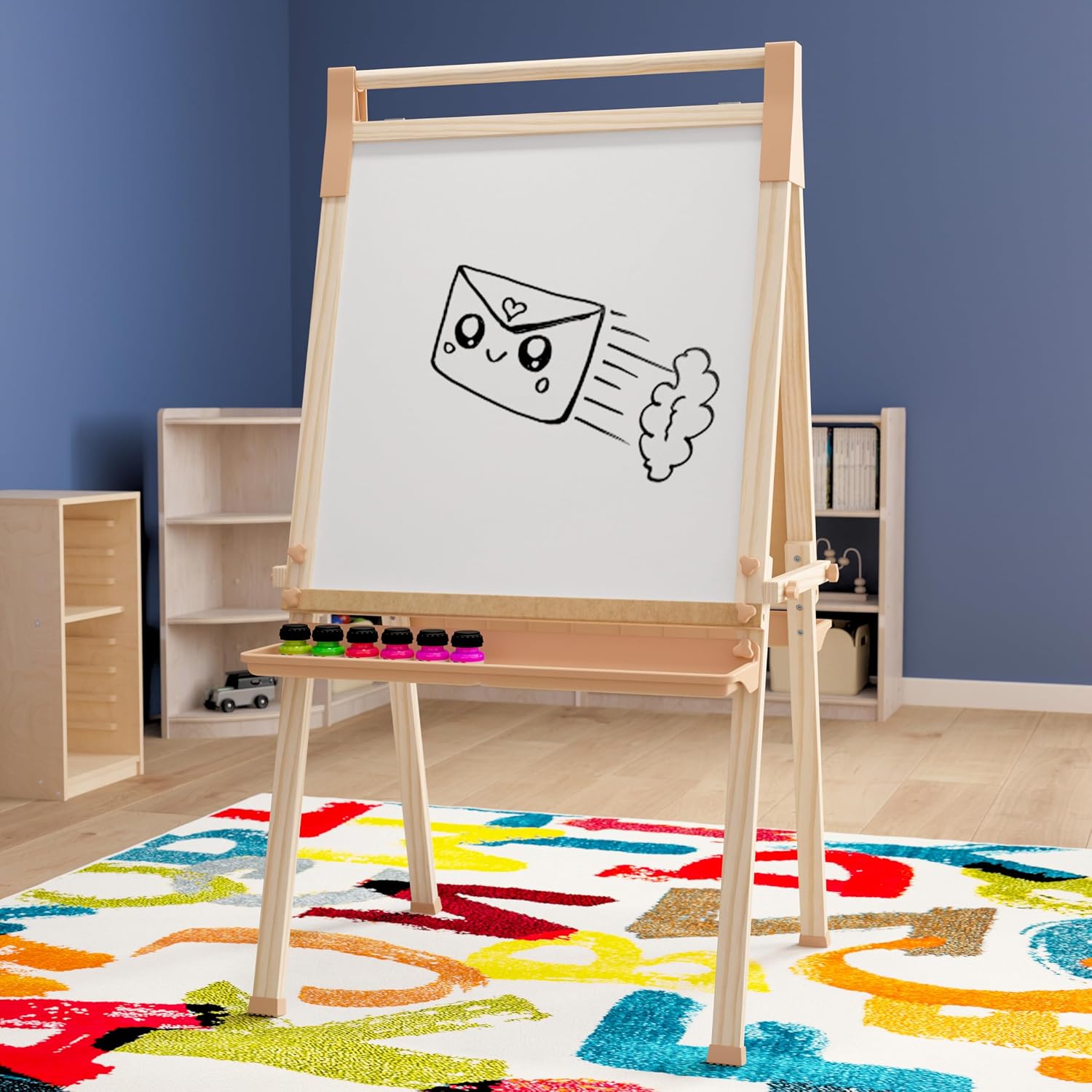 Classroom Essentials Commercial Classroom Freestanding Wood Art Easel with Chalk Board, Dry -Erase Board, 2 Trays, Paper Roller, Paper Tear Bar, Natural