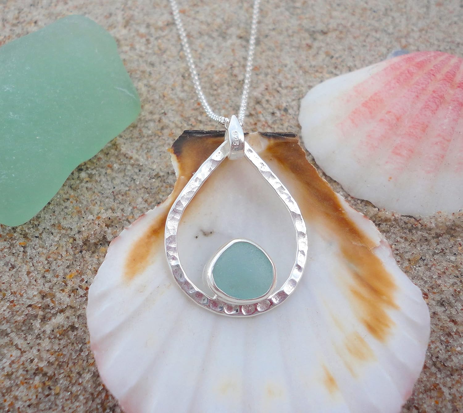 Aqua Bezeled Sea Glass Teardrop Necklace-Sterling Silver Teardrop Pendant with Bezeled Beach Glass-Ocean Necklace for Mermaids-Ready to Give as a Gift