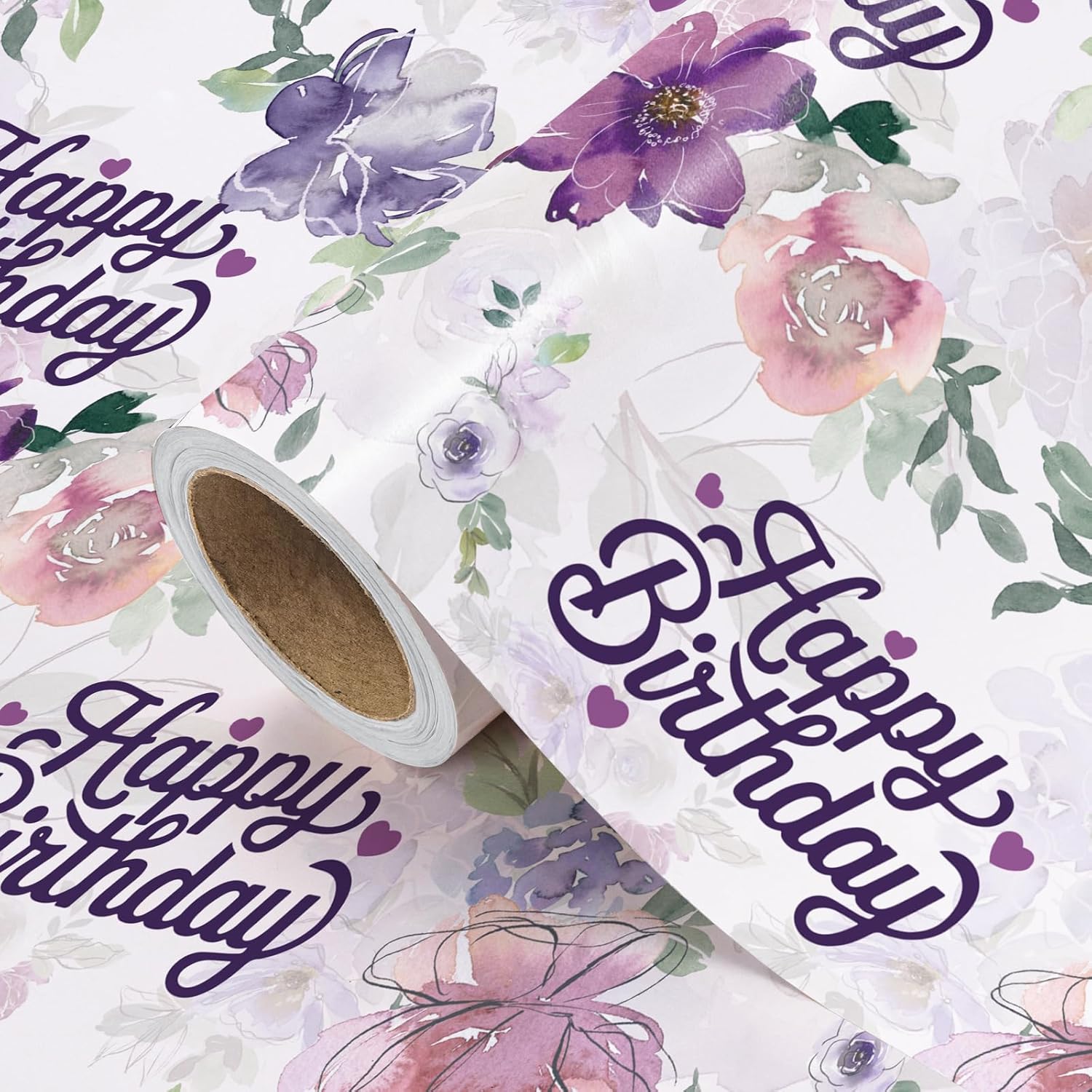 WRAPAHOLIC Birthday Wrapping Paper Roll - Mini Roll - 17 Inch x 16.5 Feet - Happy Birthday with Purple Flower Wrapping Paper for Girls Women, Baby Shower, Wedding - Image 4