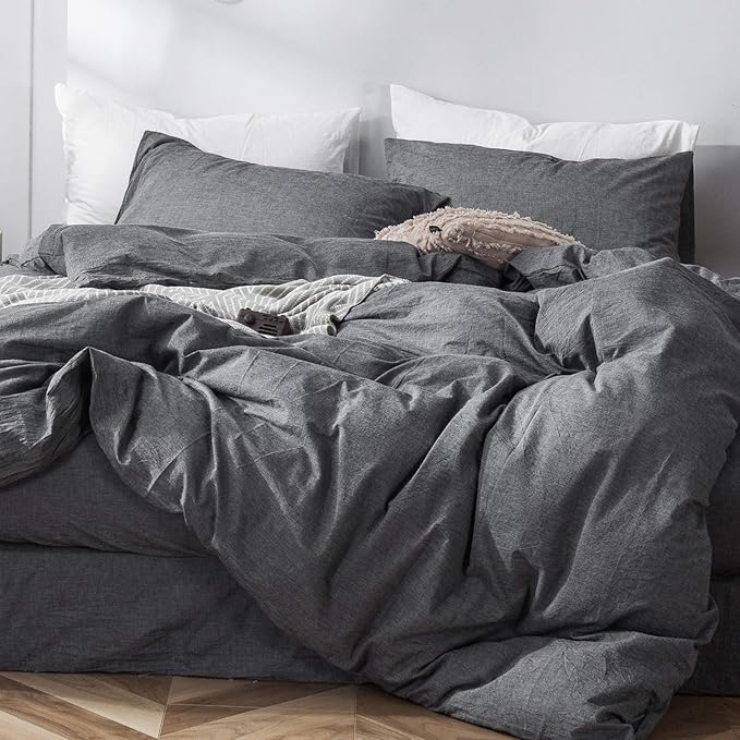 MooMee Bedding Duvet Cover Set 100% Washed Cotton Linen Like Textured Breathable Durable Soft Comfy (Solid Cocoa Brown, King 104"x90")