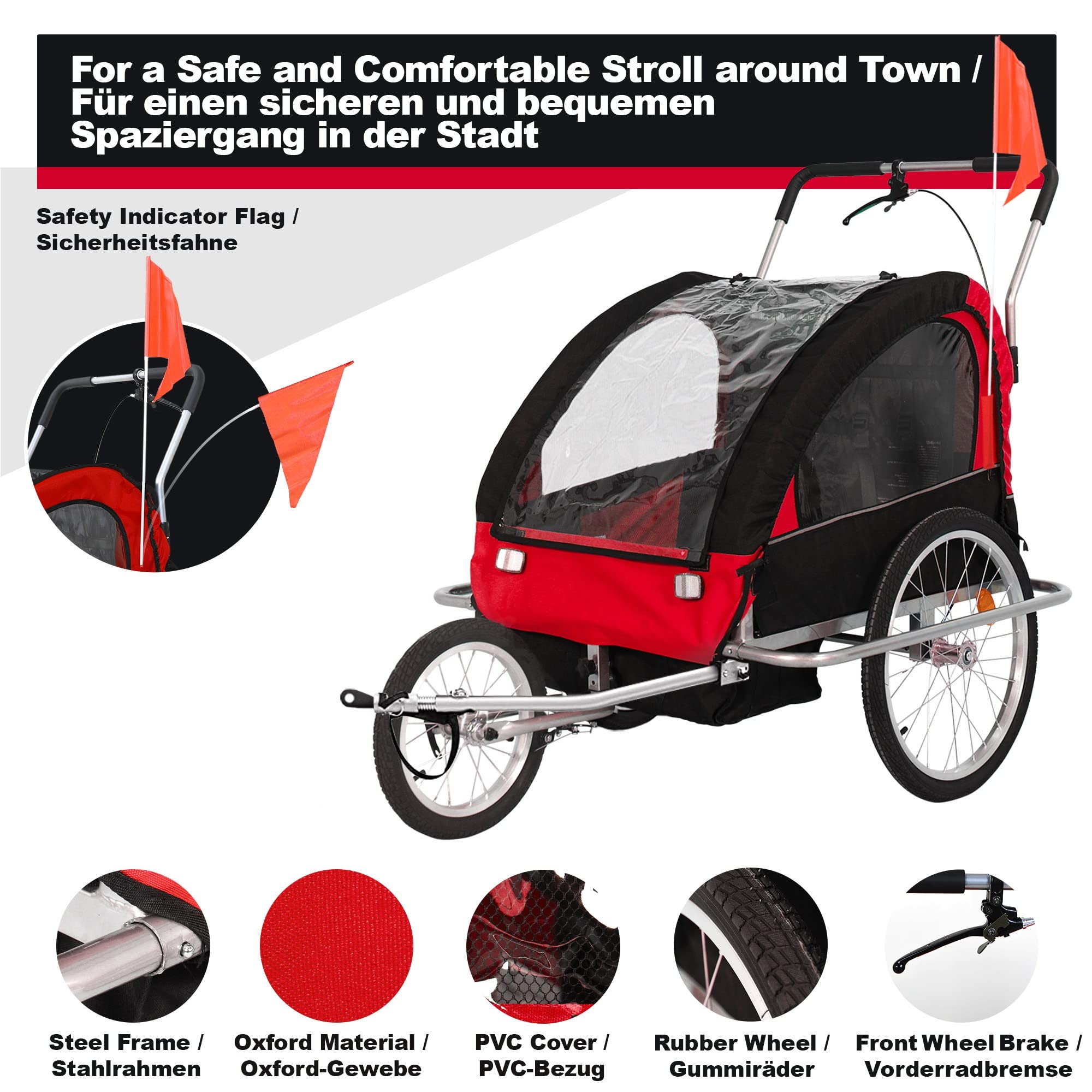 Jago® Rimorchio per Bicicletta - 2 Posti, da Bambini 12+ Mesi, Fissaggio a 5 Punti, Pieghevole, Tasche Laterali, Carico Massimo 40kg, in 3 colori - Carrellino Cani, Passeggino