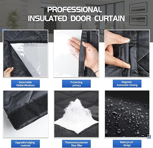 Miniatura 6 de Cortina de puerta con aislamiento magnético con ventanas desmontables, relleno de fibra de poliéster, se adapta a puertas de hasta 36 x 82 pulgadas,