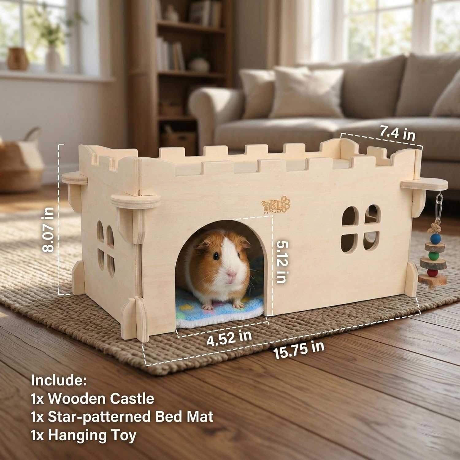 Castle Chinchilla House, Small Animal Hideout for Chinchilla, Guinea Pig, Hedgehog, or Rat, Ventilated Wooden Guinea Pig Hut Habitat with Multiple Doors (Large)