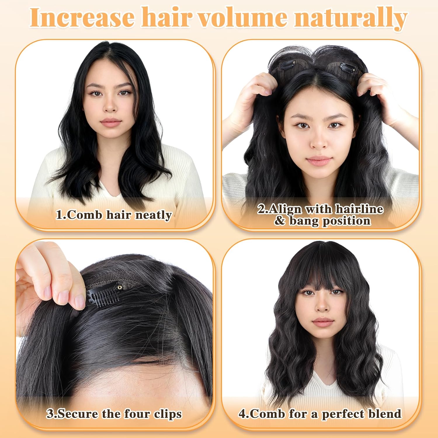 ALXNAN Hair Toppers for Women with Thinning 3D 360°Cover 16Inch Dark Brown Long Wavy Curly Hair Topper with Bangs