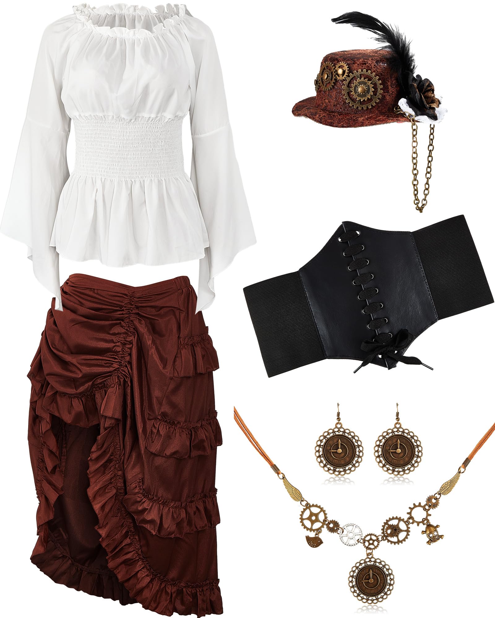 Toulite 5 Pcs Women Steampunk Costume Pirate Shirt Ruffled Skirt Girdle Punk Hat Necklace Earrings for Halloween Cosplay