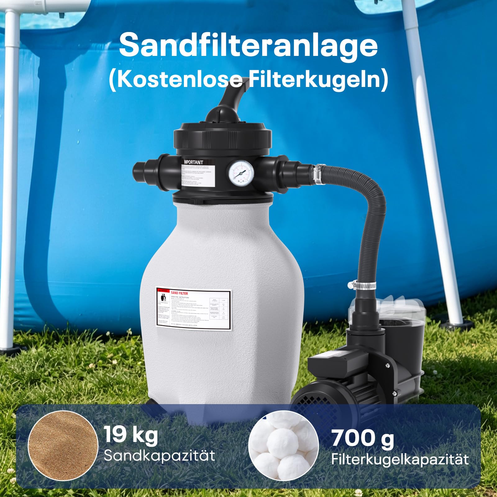 POOLPURE Sandfilteranlage 6 m³/h inkl. 700g Filterbälle | 7-Wege Ventil & 2in1 Adapter Ø32mm - 38mm | Poolfilter mit Druckanzeige | Ersatz für Filtersand Filteranlage für Schwimmbecken