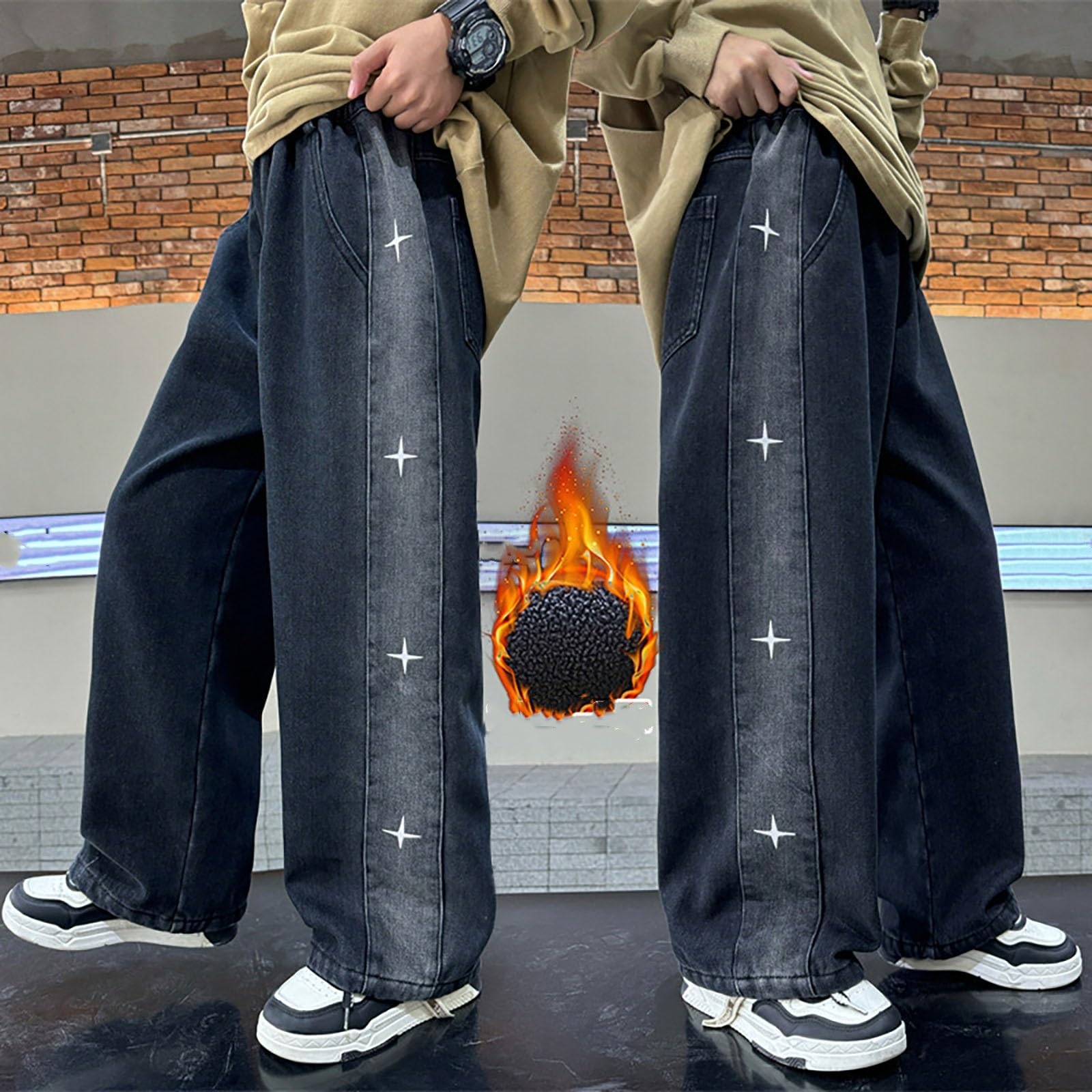Vaqueros Baggy Niño, Pantalones Vaqueros de Invierno con Forro Polar para Niños Cálidos Informales Corte Holgado Pierna Recta Interiores Duraderos
