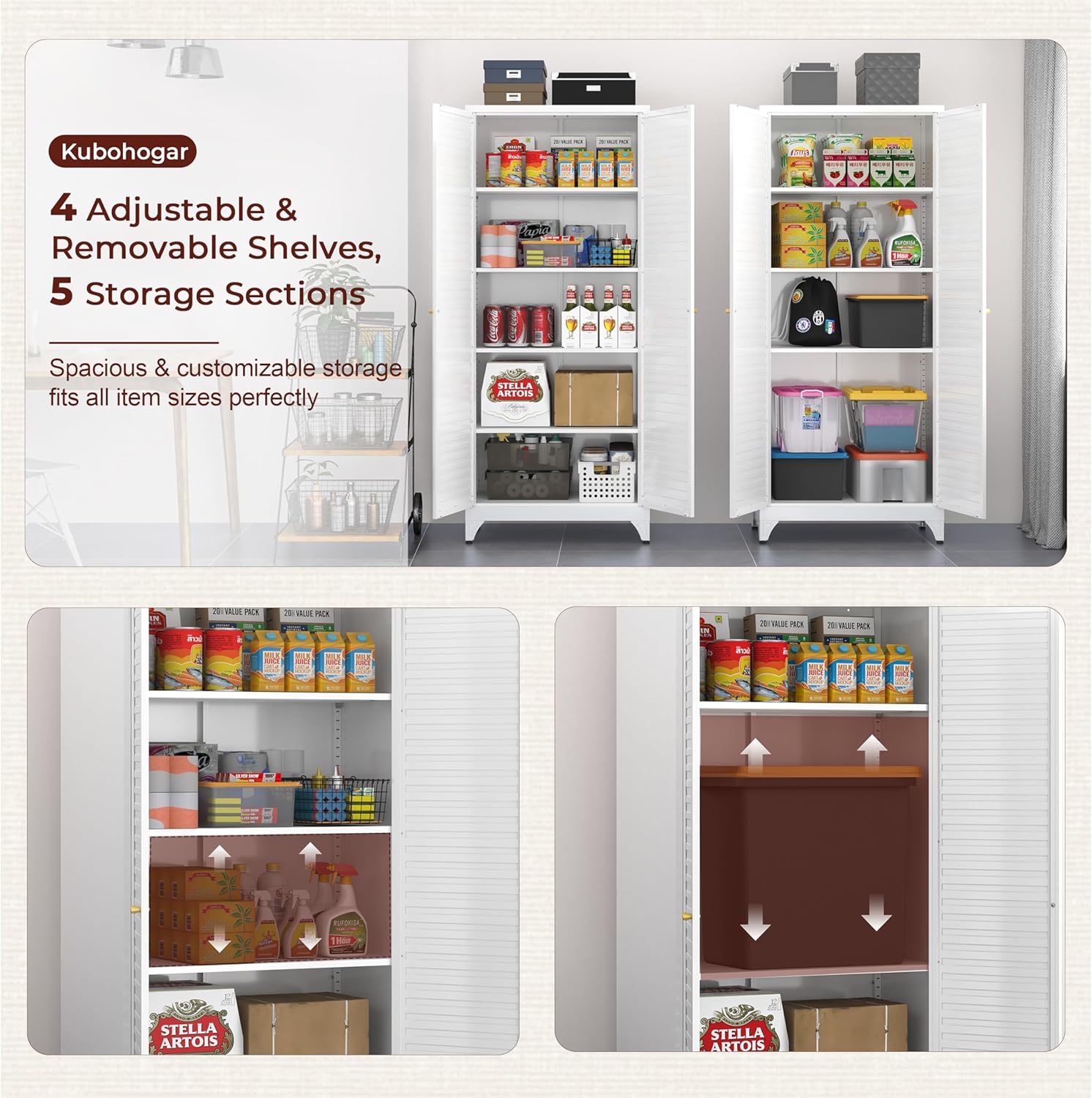 75" Tall Metal Pantry Cabinet, White Storage Cabinet with Doors and Shelves, Metal Cabinet for Kitchen, Dining Room, Living Room and Bathroom