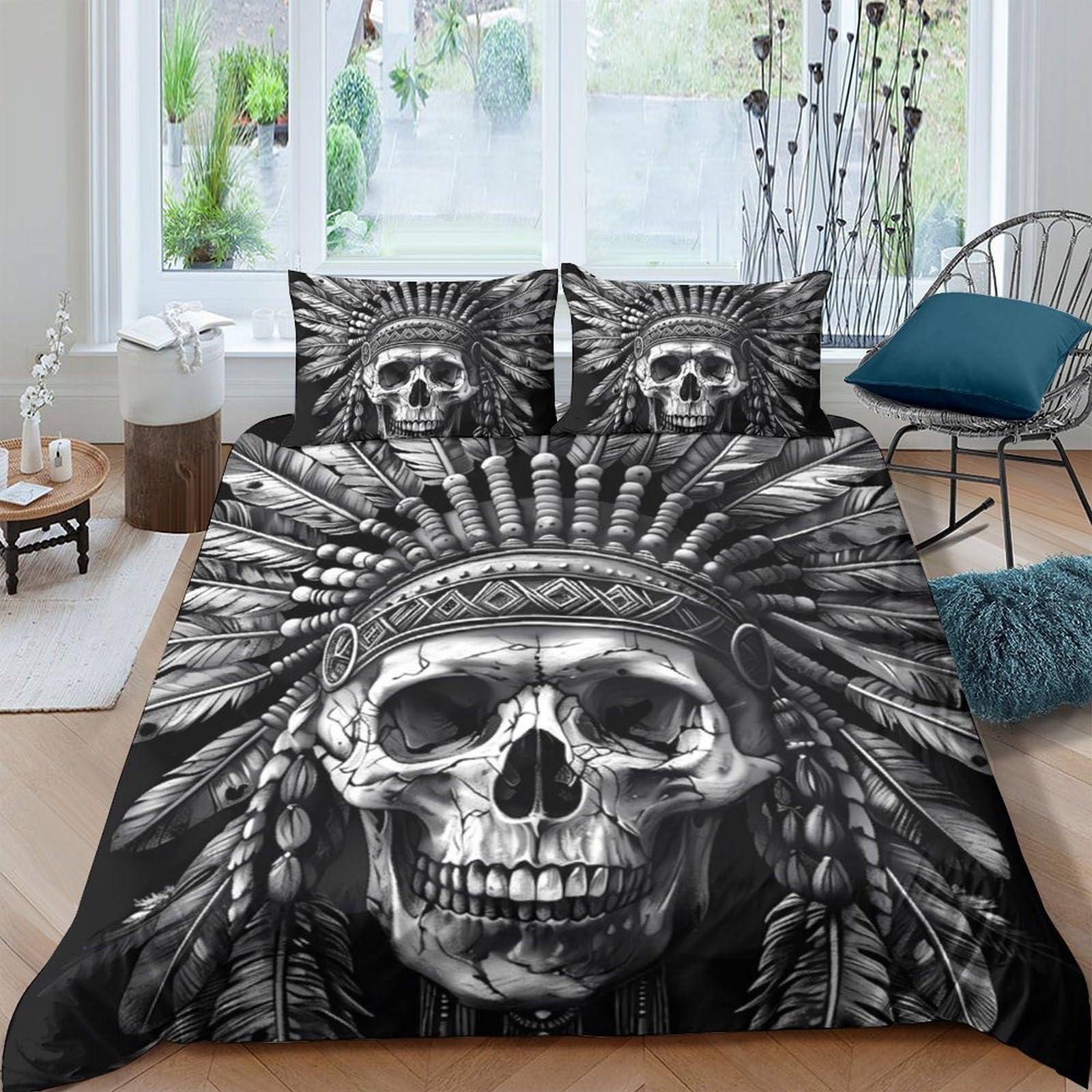 Ctjqhvkz Style-9 3D Printed Skull Feather Fitted Sheet Microfiber Soft Black White Headdress Bed Cover For Bedroom Guest Room Decor Single（135X200cm）
