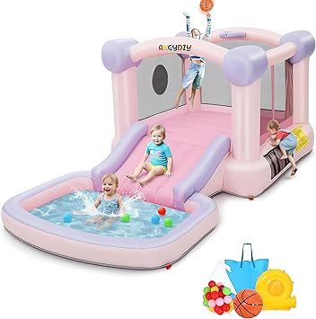 AKEYDIY Bounce House for Kids, Pastel Bouncer with Slide, Pink Inflatable Jumping Bouncy Castle for Birthday Party Gifts Outdoor & Indoor, UL Blower Included