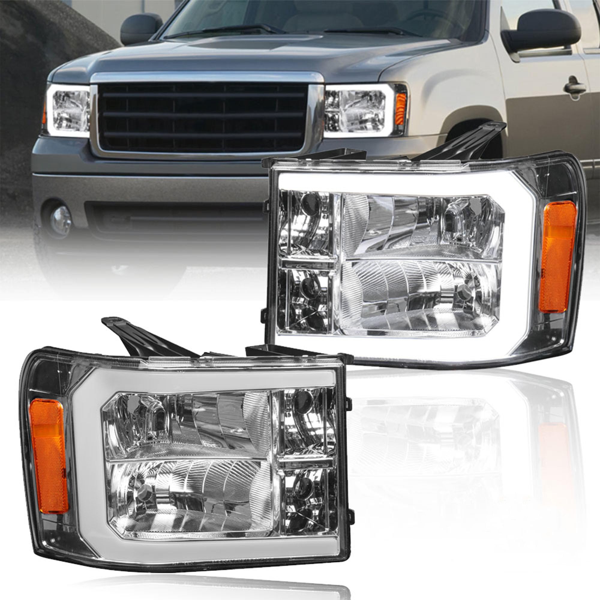 KUIPERAUTO Headlight Assembly Compatible with 2007-2013 GMC Sierra 1500, 2007-2014 GMC Sierra 2500HD 3500HD with Led bar Led DRL Front Lamp Black Housing/Clear Lens/Amber Cornor