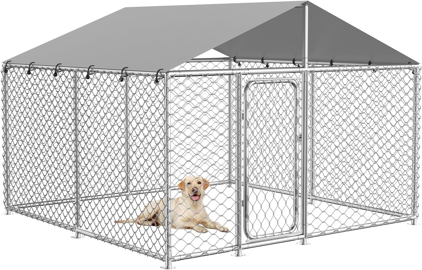 7.8x7.8 FT Heavy Duty Outdoor Dog Kennel for Large Dogs - Large Metal Wire Mesh Enclosure with Secure Lock & Waterproof Roof Cover