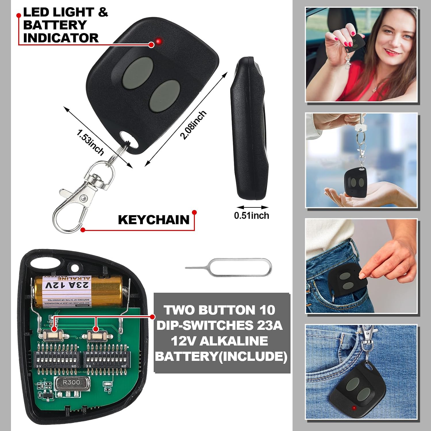 פְּנִימִי view of the Kingdder remote showing battery and DIP switches.