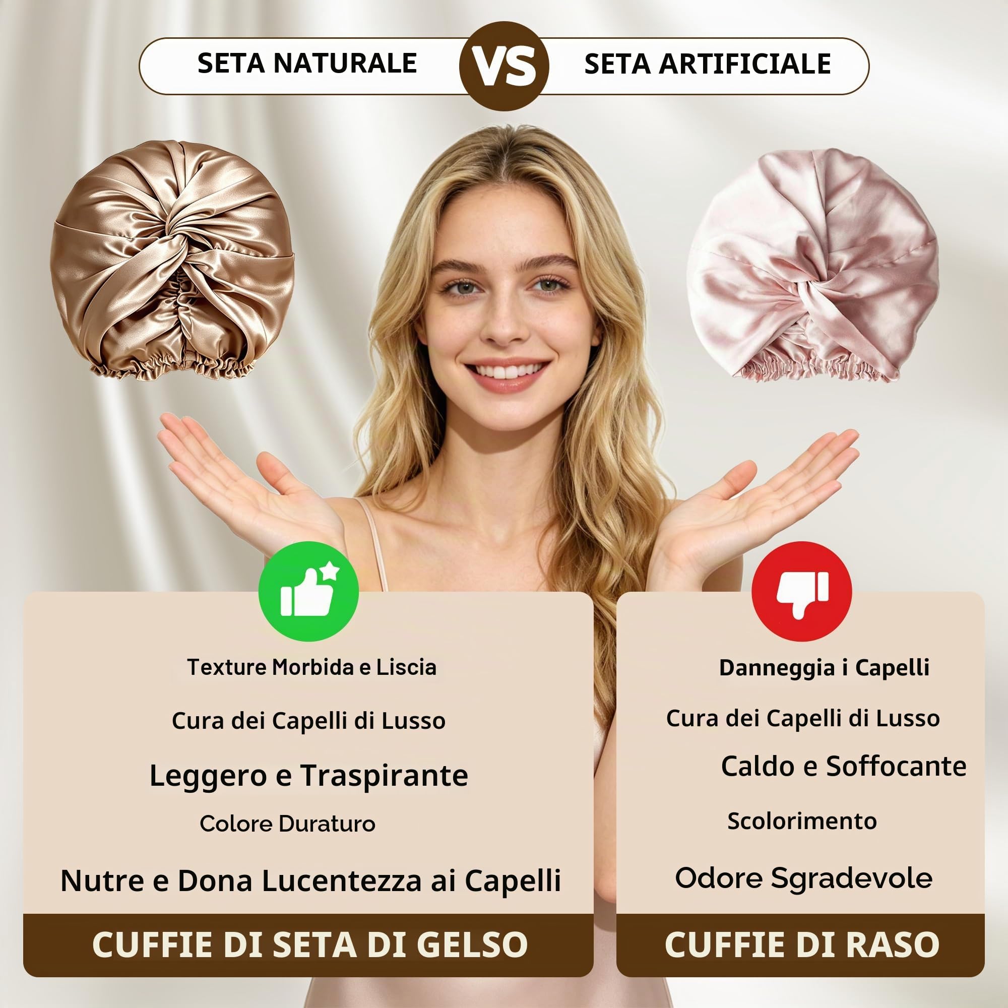 townssilk 100% Seta di gelso, Cappello da Notte da Donna, 16 Momme, in Seta, Ideale per i Capelli, Protegge i Capelli, Cappello da Notte in Seta, Doppio Strato,Coffee