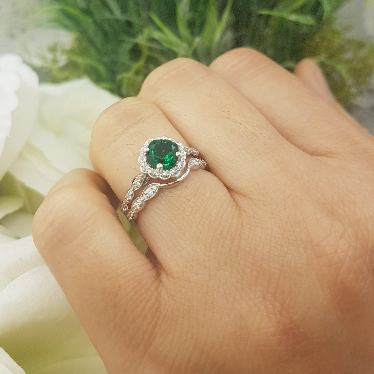 Dazzlingrock Collection 14K 5.5 MM Cushion Lab Created Gemstone & Round Diamond Ladies Halo Engagement Ring Set, White Gold