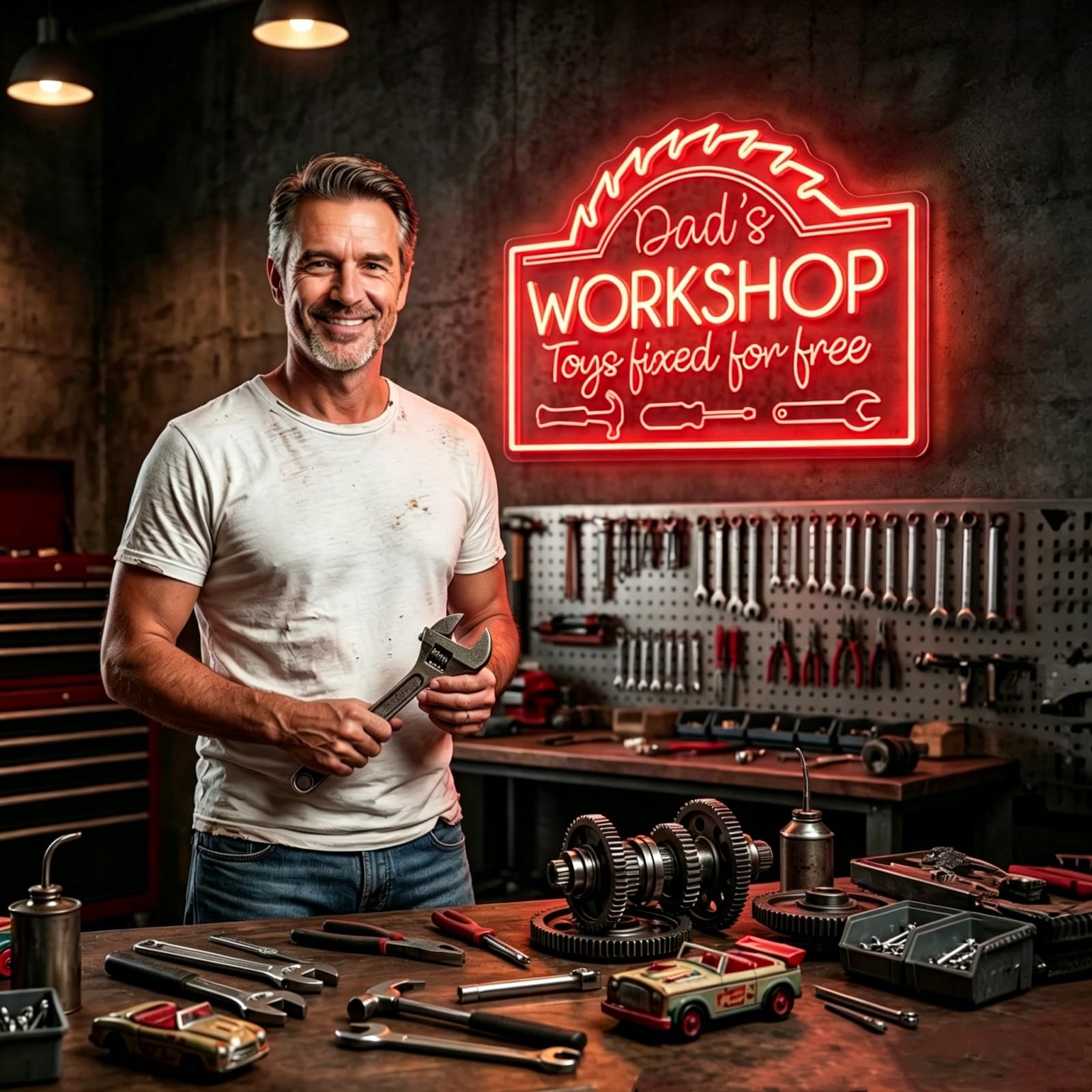 Targa al neon personalizzata con scritta "Dad's Workshop" per decorazione da parete, luce al neon per garage, sala hobby, officina, bar di casa, divertente regalo per la festa del papà per