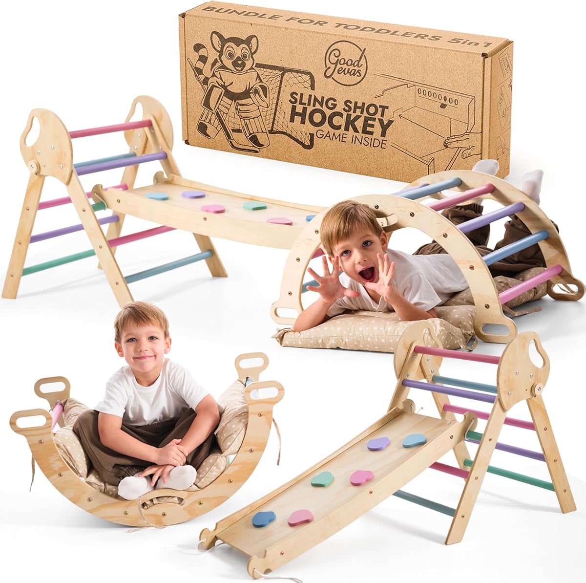 Goodevas 5-in-1 Montessori Klettergerüst Indoor aus Holz mit Rutsche – Kletterdreieck Montessori für Kinder ab 1 Jahr, Indoor Spielplatz Baby Kletterset, Indoor Kletterspielzeug Dreieck