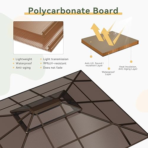 Vista 141 de Aoxun - Gazebo con techo rígido para jardines, patios con cemento o césped, pabellón permanente de policarbonato con doble techo, marco de aluminio
