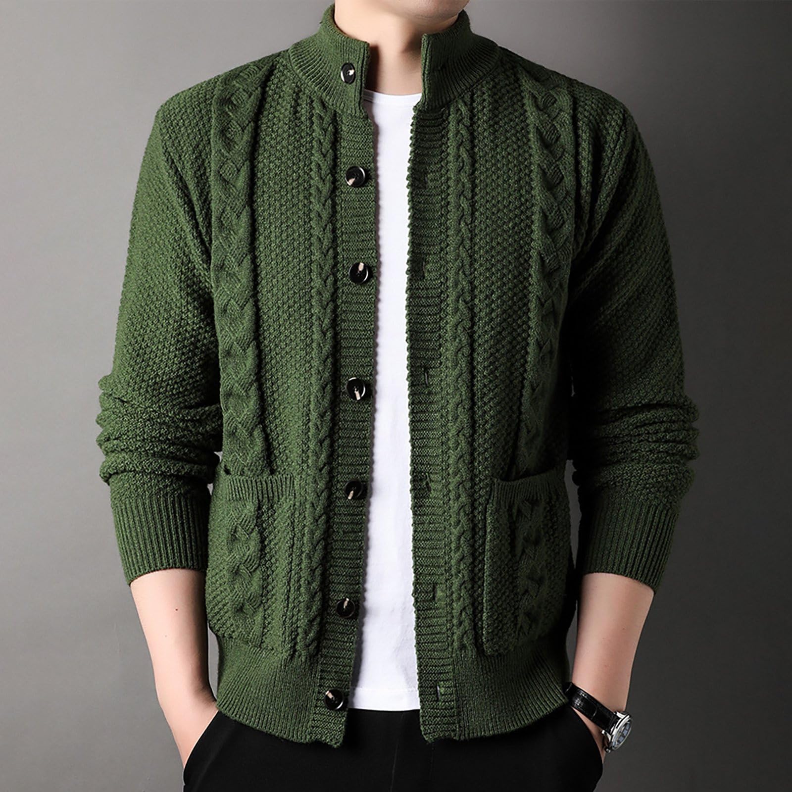 Cardigan Punto Botones Hombre, Chaqueta Punto Hombre Manga Larga Cárdigan De Punto Trenzado Casual Cuello De Chal Abotonado con Bolsillos Chaqueta De Entretiempo De Punto