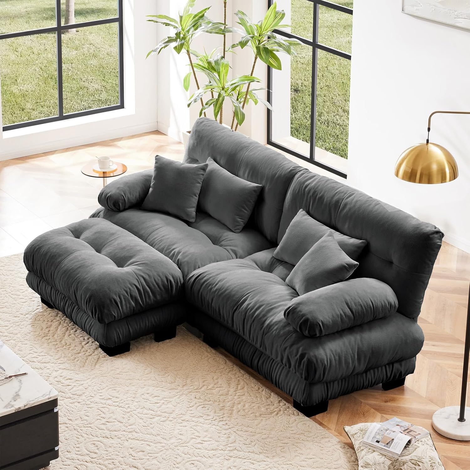 94.4" Modular Sectional Sofa Cloud Couch, Chenille Deep Seat Loveseat with Movable Ottoman, L Shaped Oversized Love Seat Sofa Couch, Modern Sectional Couches for Living Room, Apartment (Gray)