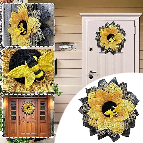 Miniatura 3 de Ujicde Corona de abeja de verano para puerta delantera, girasol artificial para colgar en la pared, coronas decorativas de abeja para puerta