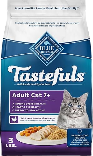 Blue Buffalo Tastefuls - Alimento seco natural para gatos adultos de 7 años, bolsa de 3 libras