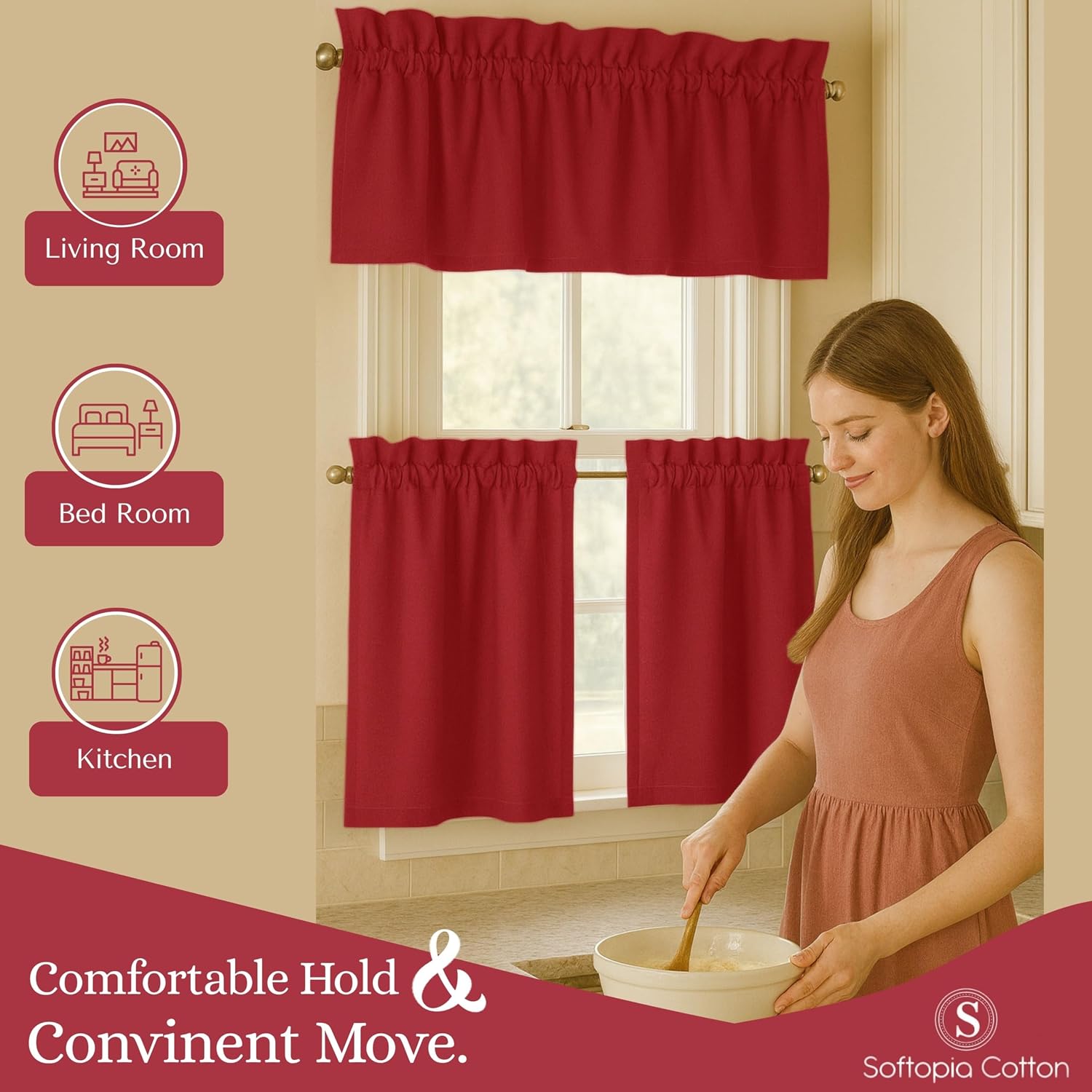 3 Piece Window Curtain Set, 100% Cotton, 2 Tiers 26x36 Inch & 1 Valance 54x18 Inch, Semi Sheer, Rod Pocket, Short Curtains for Kitchen, Café, Living Room, Bathroom, Bedroom, White