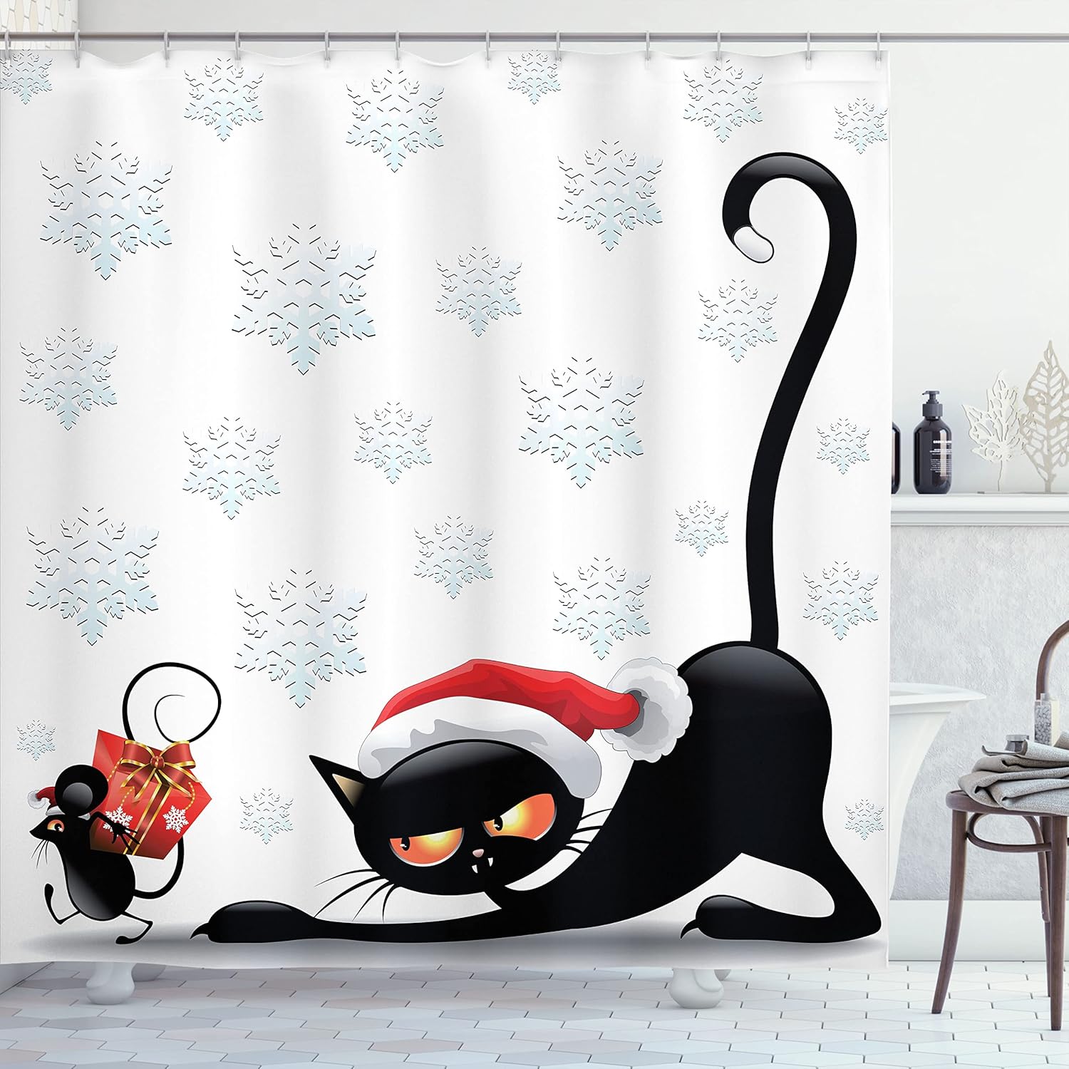 Ambesonne Christmas Shower Curtain, Grumpy Cat and Mouse with Santa Hat Cartoon