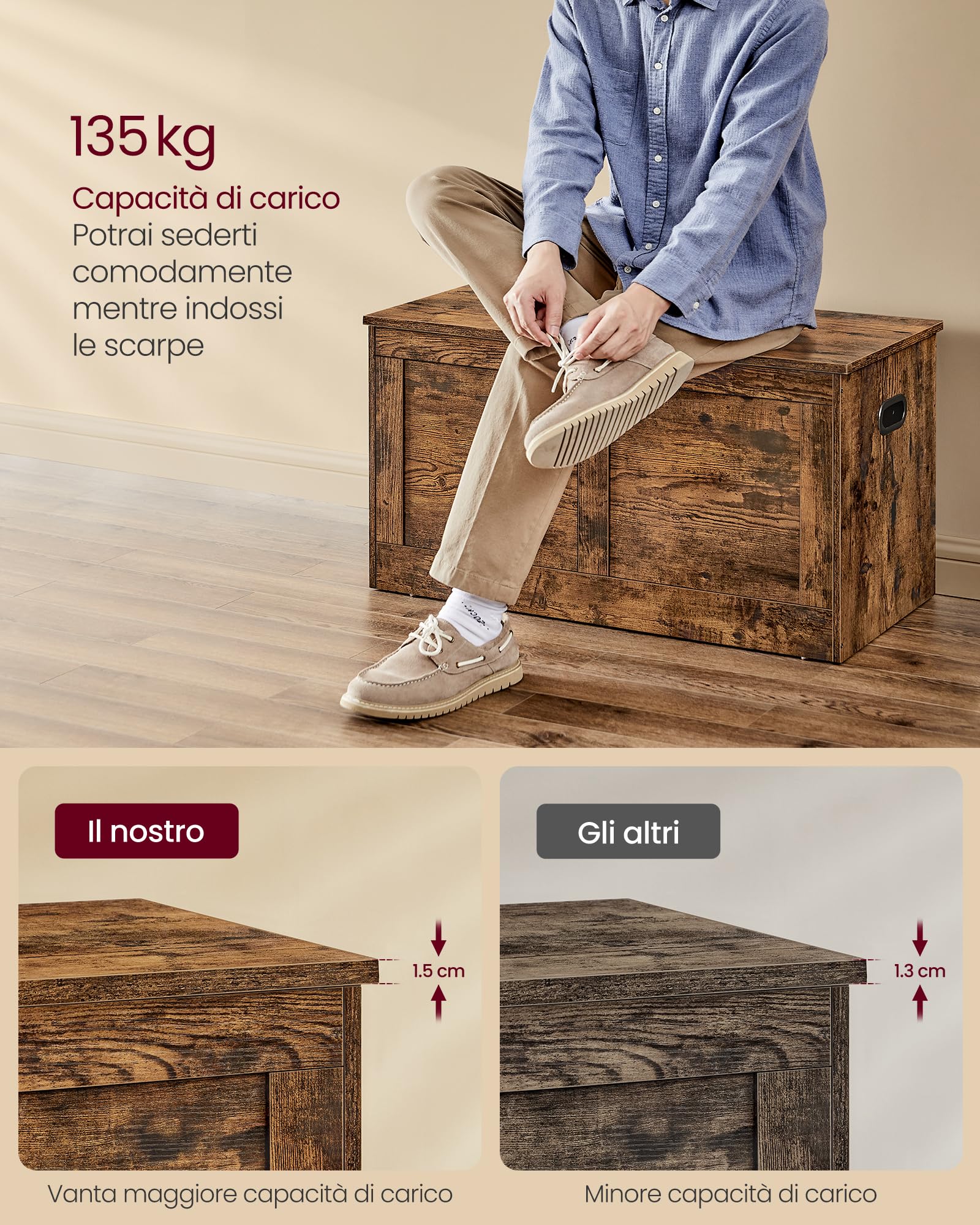 Panca Contenitore VASAGLE Con Cerniere Di Sicurezza - Cassapanca 80x40 Cm, Marrone Vintage - Foto 7