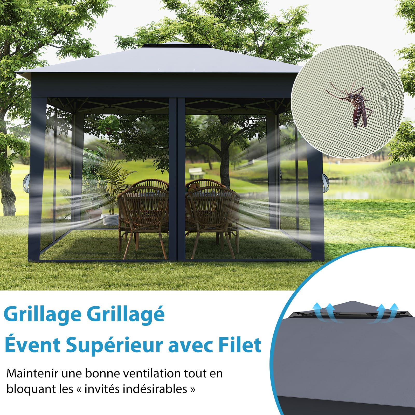 RELAX4LIFE Tonnelle Pliante 3x3 avec Moustiquaires, Tonnelle de Jardin Exterieur Facile à Monter, Toit Ventilé Argenté, Protection Solaire, Sac Inclus, Pavillon de Jardin pour Terrasse Patio, Gris
