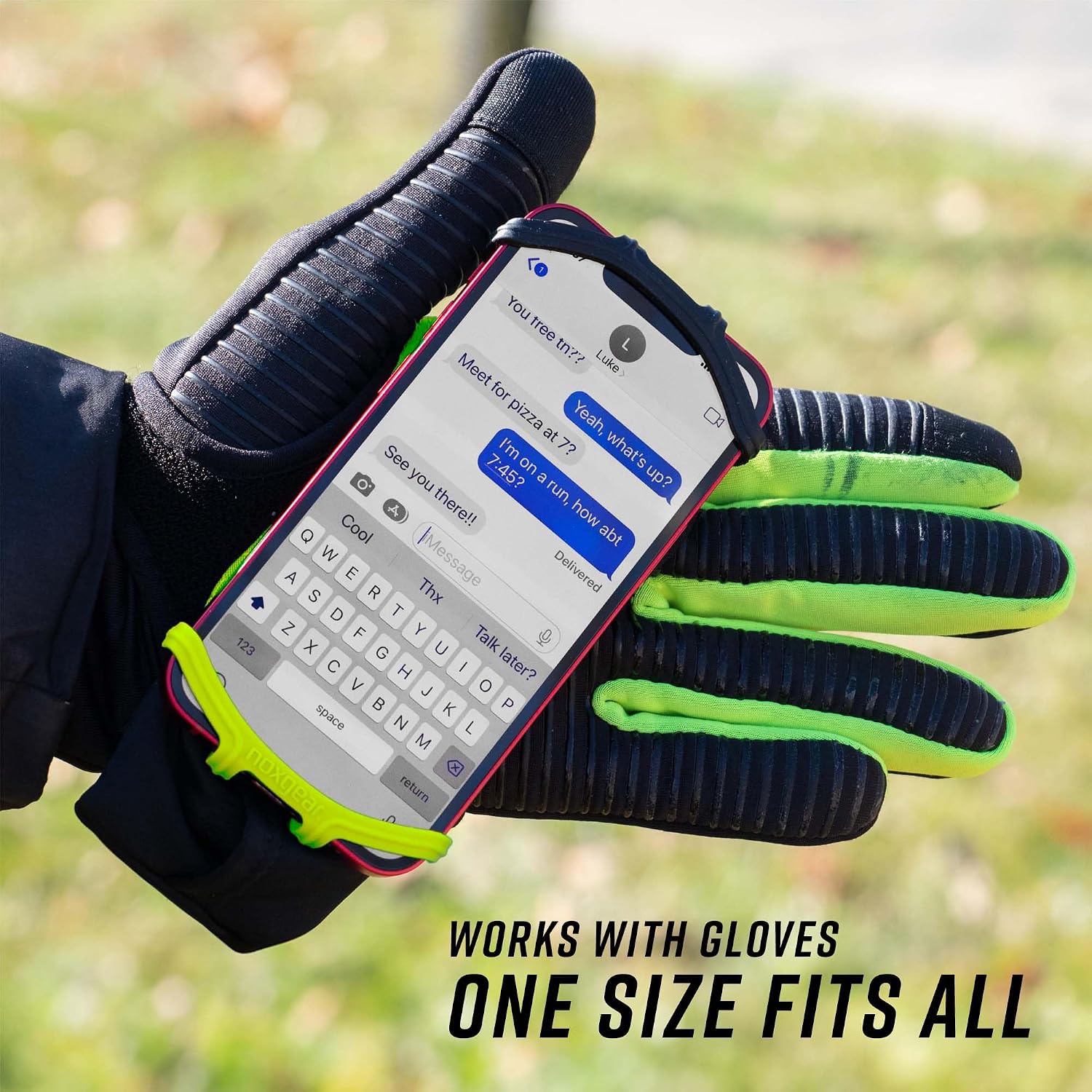 Noxgear Hand Held Phone Holder - Handheld Grip Phone Holder with Key Fob & Card Slot for Running, Jogging & Working Out - Compatible with All Phones - Machine Washable (Lime, Right Hand)