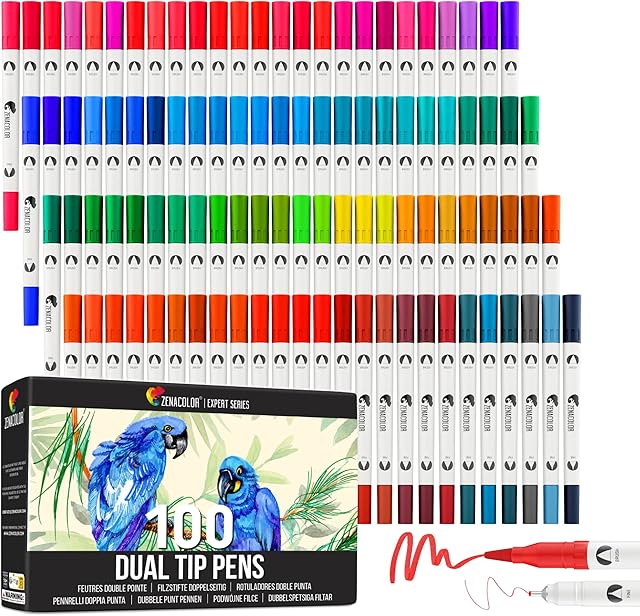 Zenacolor - Dual Tip Markers - 100 Unique and Vibrant Colours - Fine-Tip (0,4mm) and Wide-Tip (0,8mm) Colouring Pens - Calligraphy, Drawing, Adults Colouring, Mandala