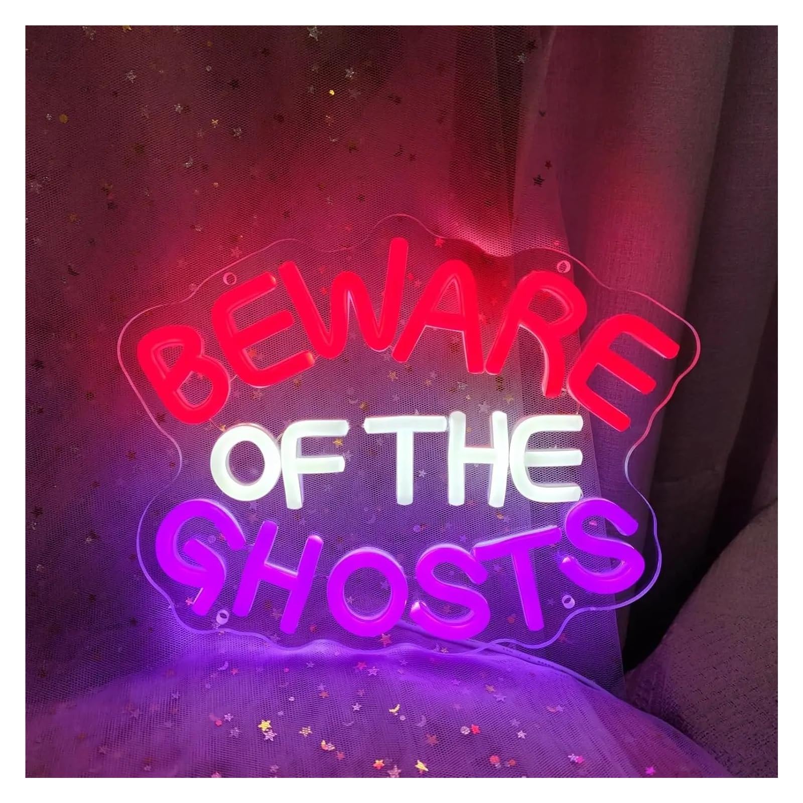 WELSAA Hanging Art Neon Signs Beware of Ghosts Neon Sign USB Powered Dimmable Neon Light for Bedroom Bar Party Wall Decoration 22cm×28cm
