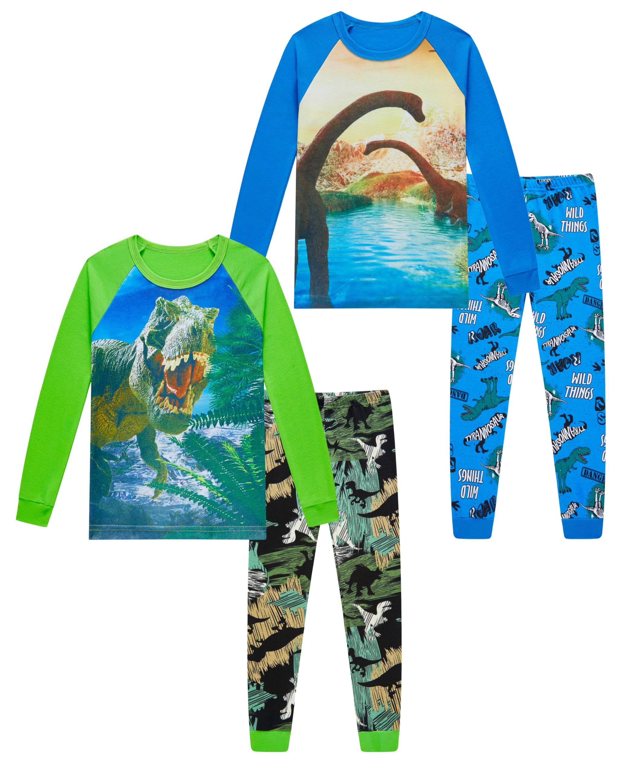 Pajamas for Boys Dinosaur Rocket Space 4-Piece PJs Long Sleeve Sets Sleepwear 2-12 Years