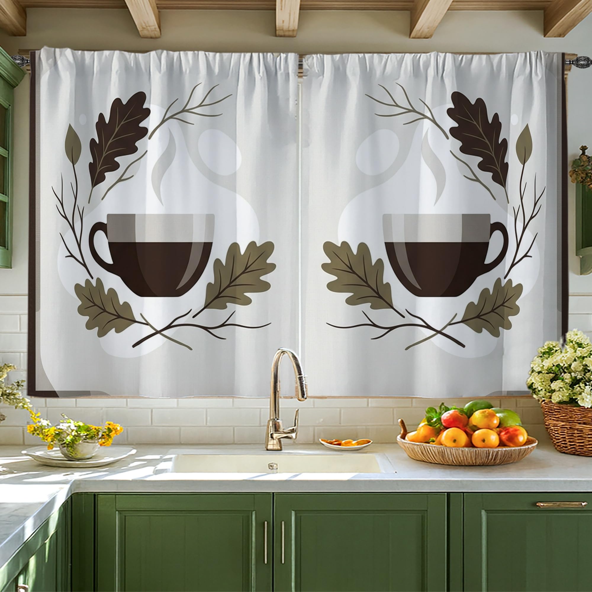 Rideaux rustiques pour masquer tuyaux d'évier cuisine motif automne marron