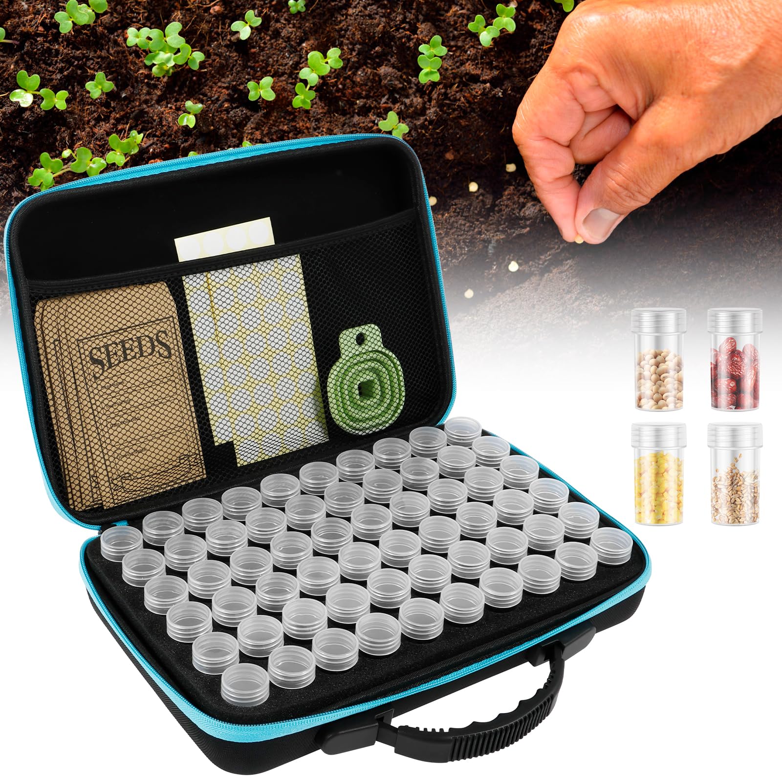 Boîte de rangement pour semences à 60 compartiments avec 60 bouteilles, 63 autocollants, 7 sacs de graines et 1 entonnoir, boîte de rangement pour légumes, herbes, fleurs et graines de fruits (bleu)