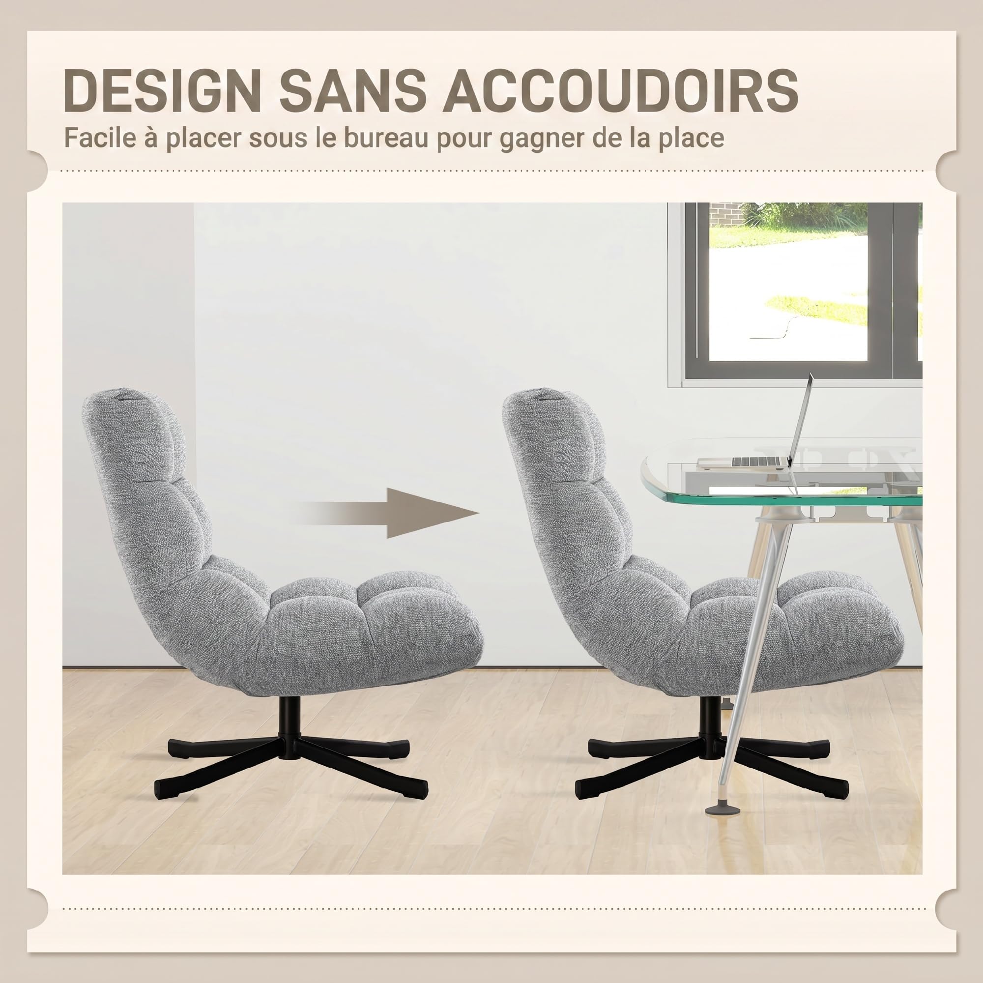 HOMCOM Fauteuil Salon sans Accoudoirs Chaise Pivotante Tissu Chenille Gris | Imperméable, Assise Rembourrée et Large, Pieds Croisés en Acier sans Roulettes, Fauteuil Relax pour Chambre et Salon