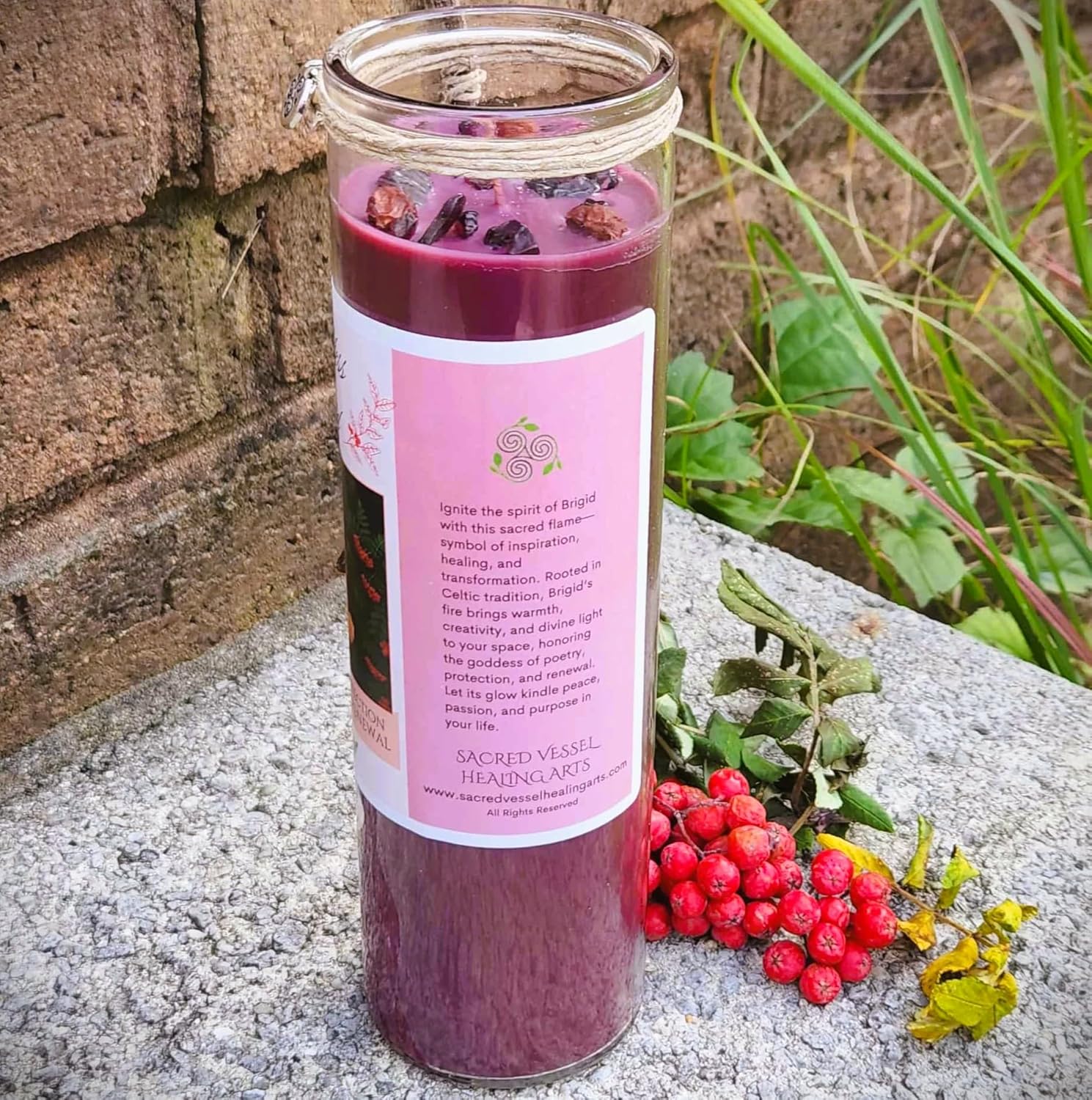 Brigid Fire Goddess Candle Hand Poured Elegant Coco Soy, Pomegranate, Rowan Berries, Garnet, Healing, Renewal, Witch, Triskele Charm, Rowan Twig