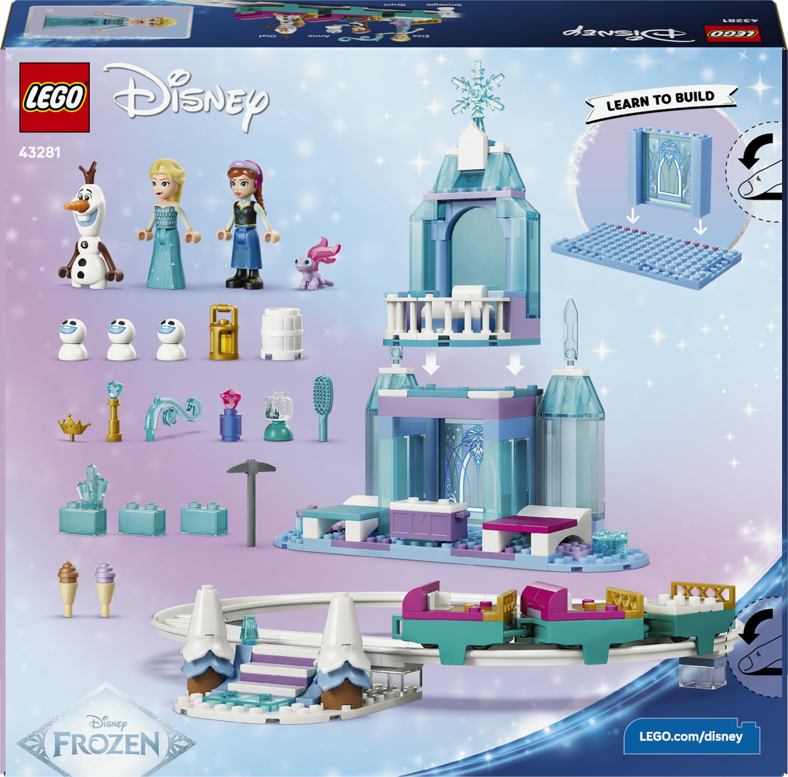 LEGO | Disney Frozen Castillo de Hielo de Elsa y Aventura en la Nieve de Juguete - Mini Muñecas de Elsa y Anna, Muñeco de Olaf, Vías de Tren y Vagones - Regalo para Niñas de 4+ Años - 43281