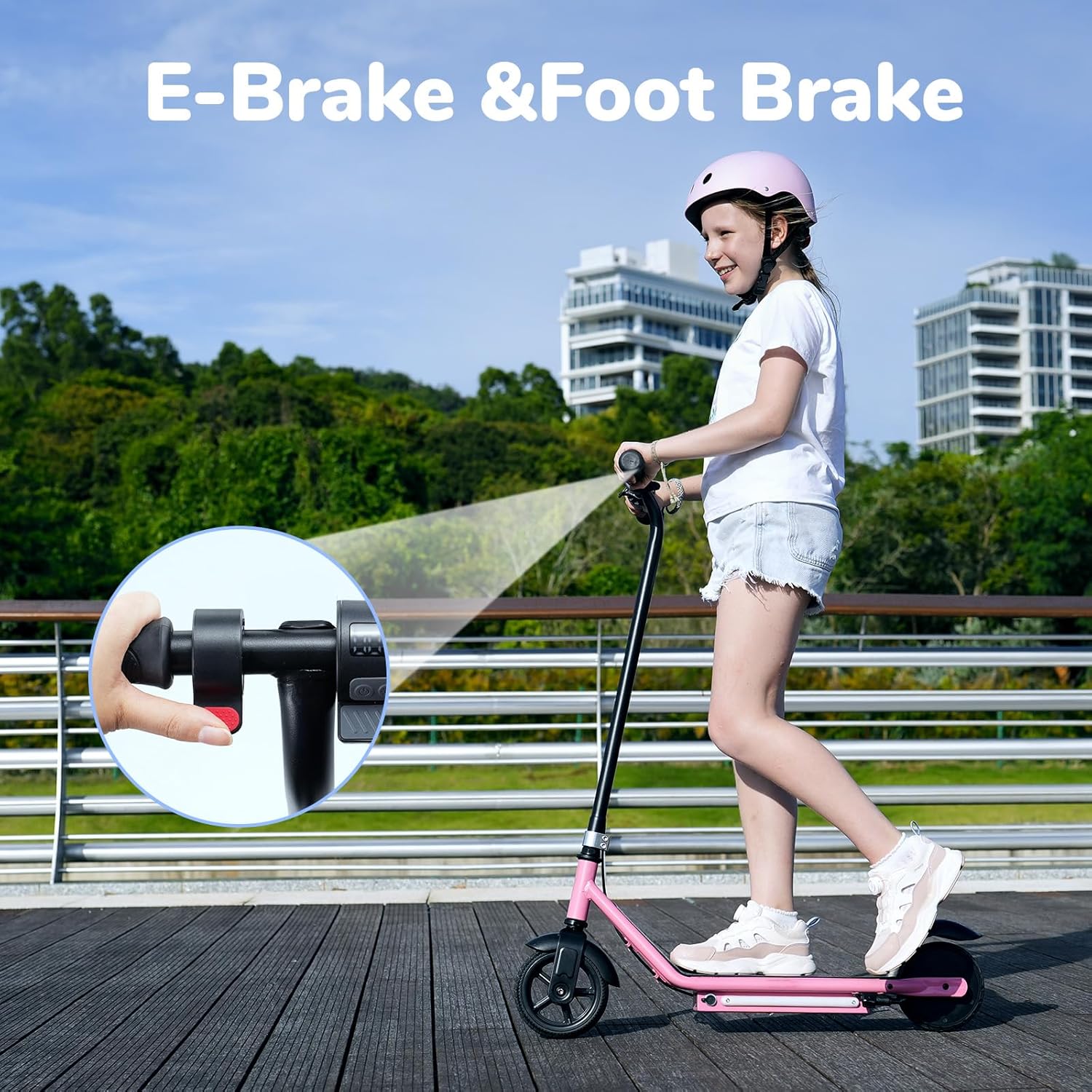 Child riding iScooter, demonstrating the e-brake and foot brake system.