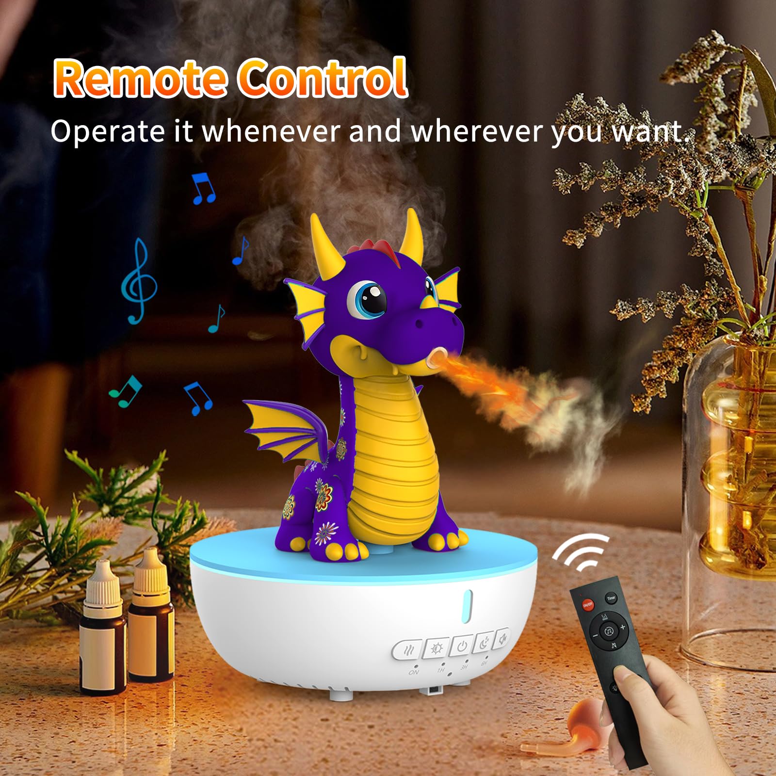 Aroma Diffuser Kinder Drache, 200ml Ultraschall Luftbefeuchter mit Flammen-Effekt, Timer & Fernbedienung, White Noise Einschlafhilfe, 7 Farben Licht, Duftzerstäuber für Ätherische Öle & Schlafzimmer