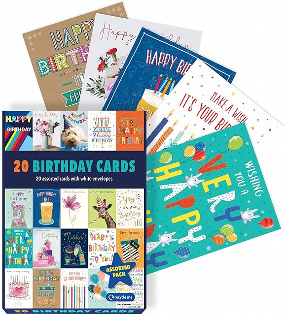 Piccadilly Greetings Box of assorted Birthday Cards Multipack | Birthday Cards pack of 20 | 5x7 inches | Includes 20 unique colourful designs, with white envelopes, suitable for all ages and genders.