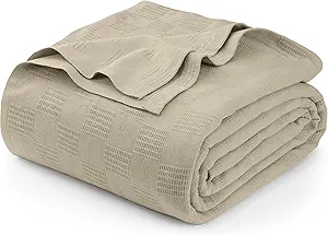 Utopia Bedding Khaki 100% Cotton Blanket [Big Size - 120x120 Inch] 350GSM Lightweight, Soft and Breathable Thermal Blanket for All Seasons