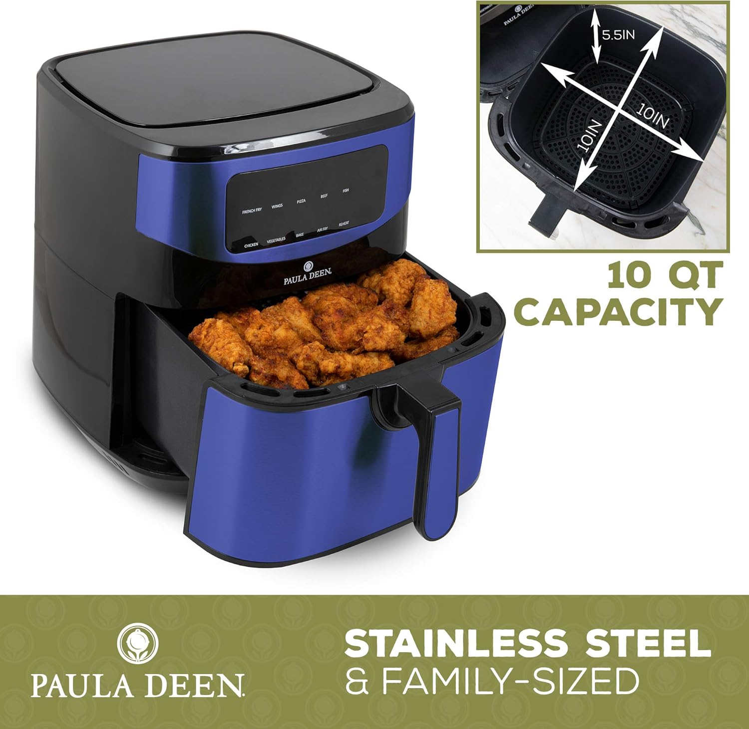 Paula Deen Air Fryer showing its 10 QT capacity with fried chicken inside the basket.