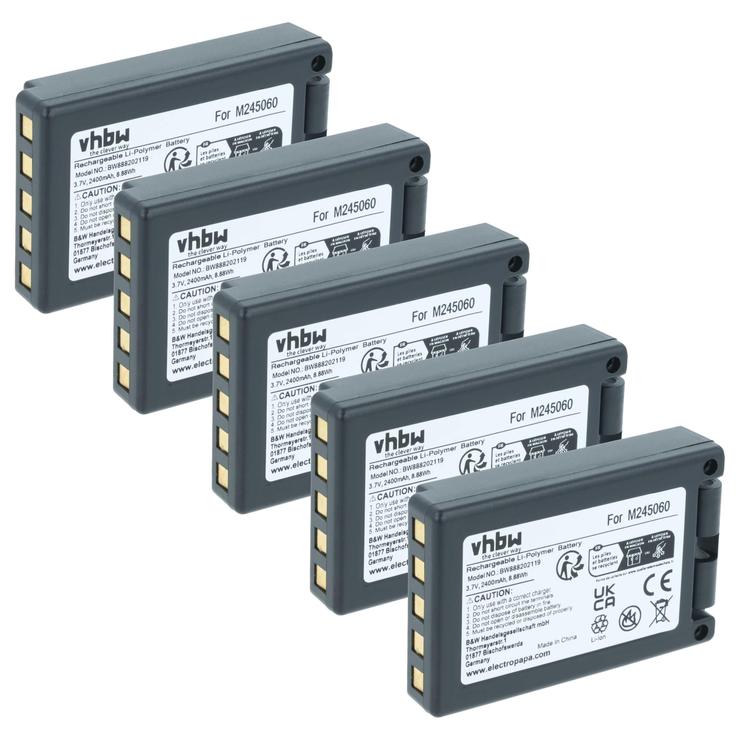 vhbw 5 x akumulator kompatybilny z Teleradio PN-T19, TG-T11 przemysłowy pilot zdalnego sterowania operatora (2400 mAh, 3,7 V, Li-ION)