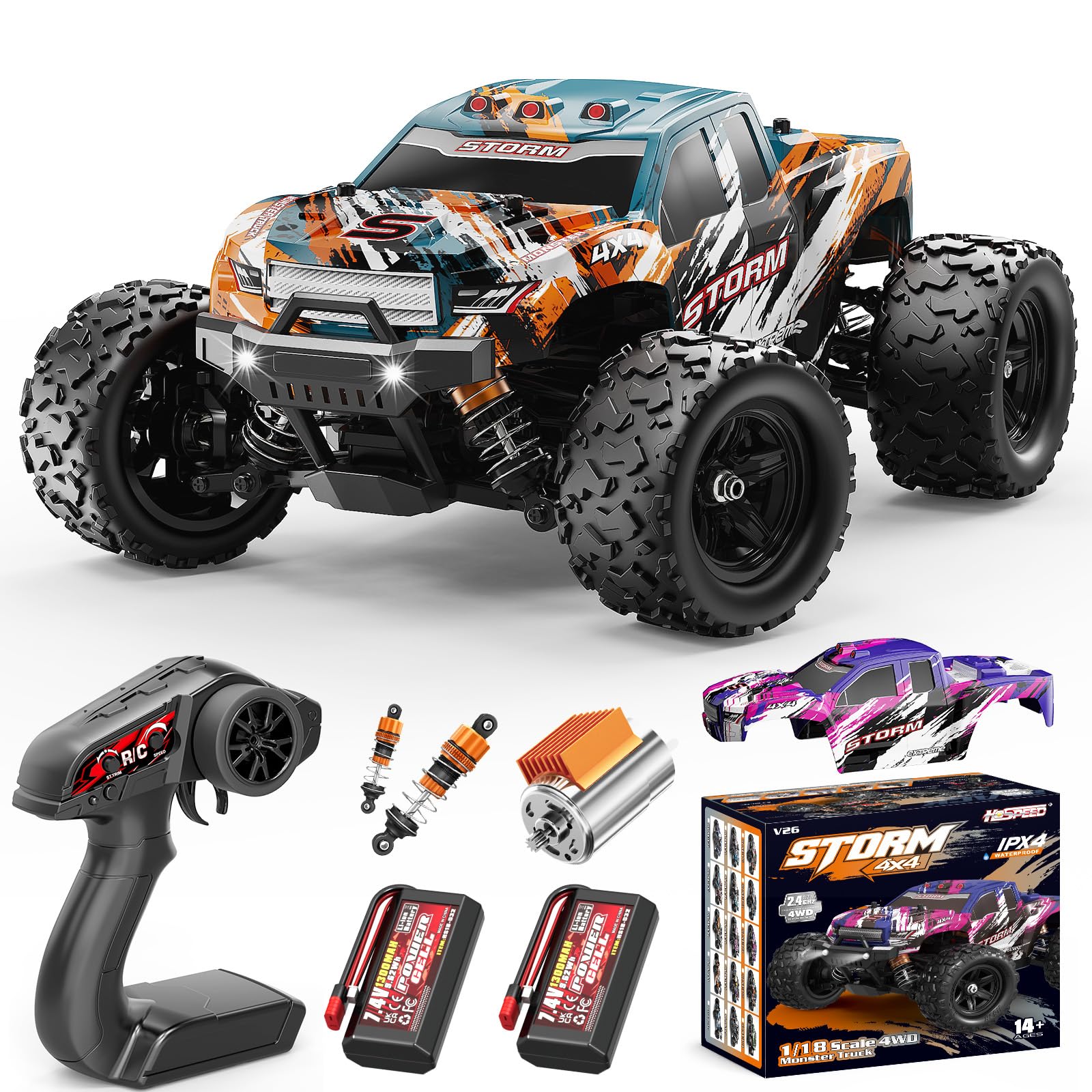 YESHIN Ferngesteuertes Auto 1:18 4WD RC Car 40 km/h für Erwachsene & Jungen | ab 8 10 Jahren RTR Offroad All-Terrain RC Auto mit Vollmetall-Antrieb, 2x1300-mAh-Akkus & 2 Karosserien tolles Geschenk