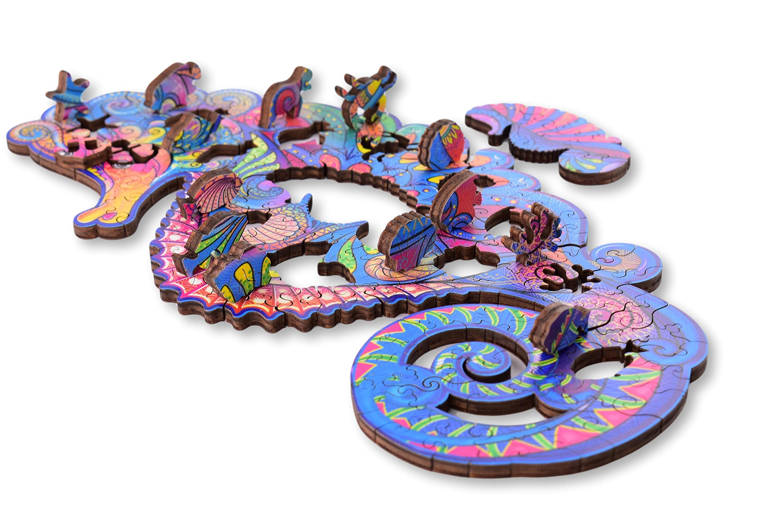 ANIWOOD Puzzle de Madera de Animales. Tapa troquelada, Caja a tamaño Real del Puzzle. 3 Modos de dificultad, Elemento Decorativo. Piezas únicas Originales de Animales (Medium, Caballito de Mar) — view 4