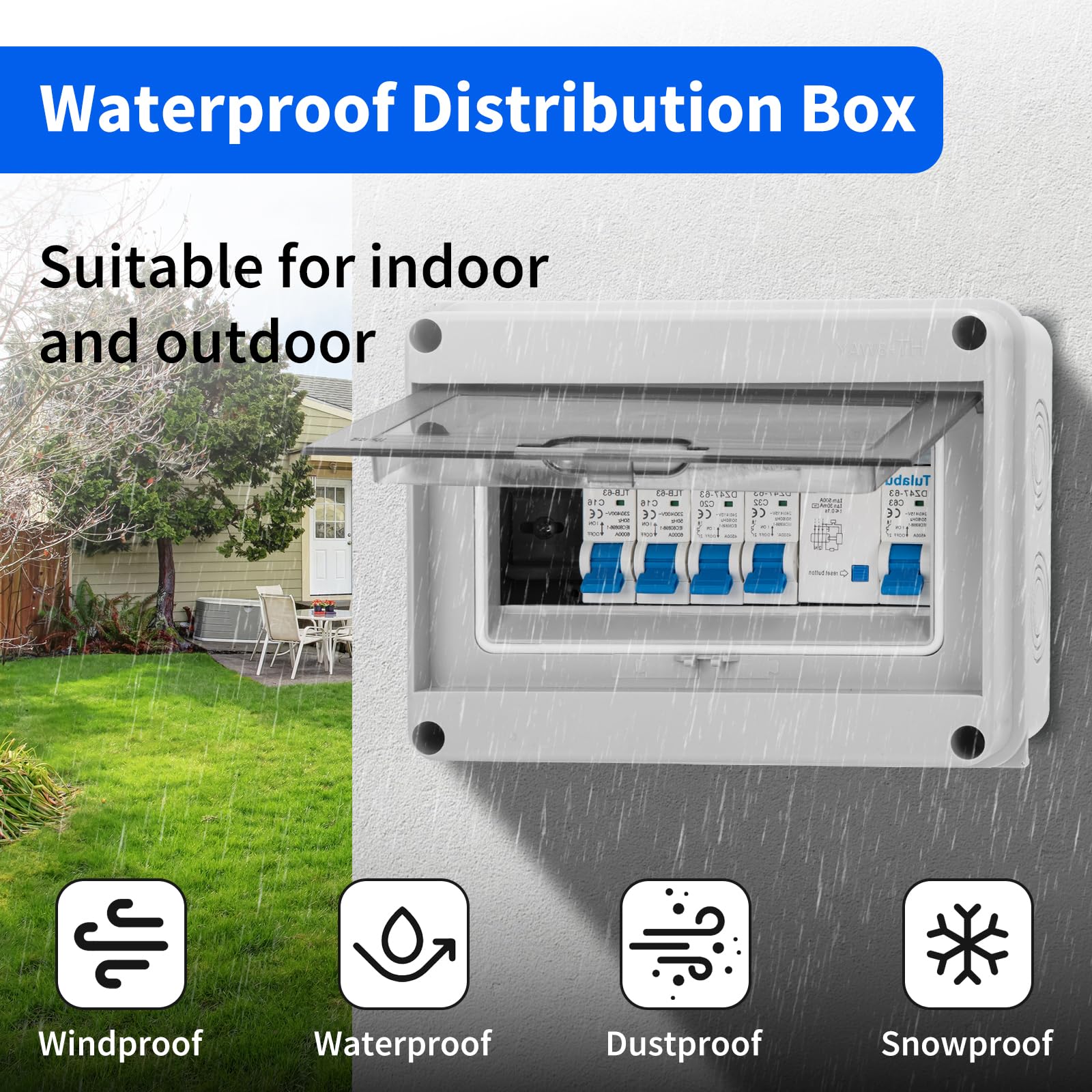 Caja de fusibles de superficie, caja de distribución de superficie impermeable IP65 con interruptor diferencial, mini caja de subdistribución de superficie para caravanas, garajes y talleres