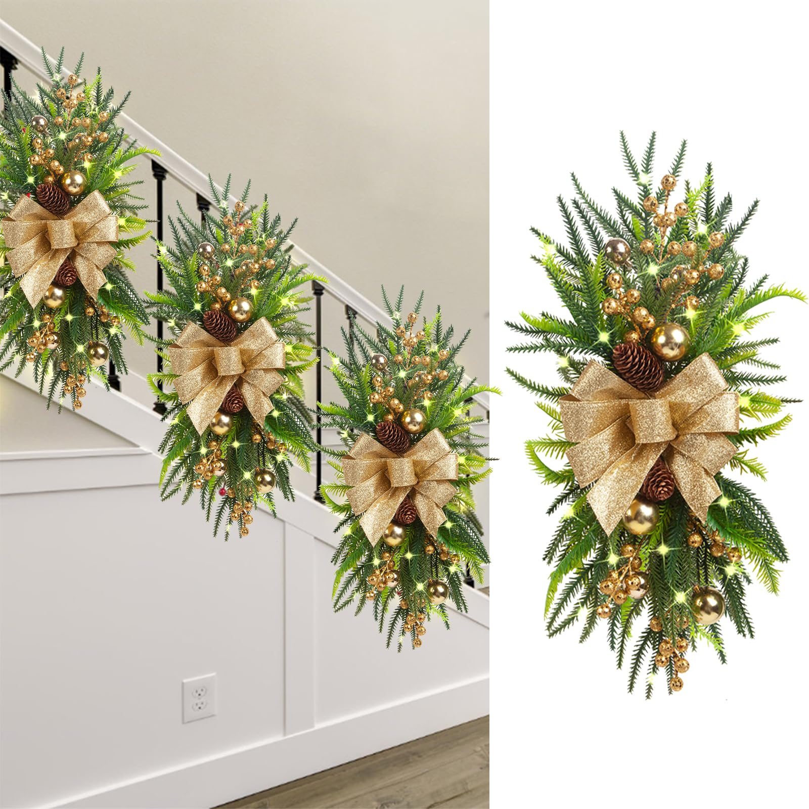 MINGZHE Christmas Swags for Stairs,Christmas Swags Christmas Wreaths for Front Door Stairway Swag Christmas Staircase Decorations 60x30 cm (B)